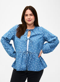 Denim peplum blouse with tie fastening, Light Blue w.Flowers, Model