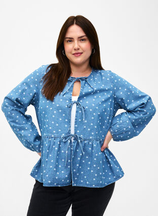 Denim peplum blouse with tie fastening, Light Blue w.Flowers, Model image number 0