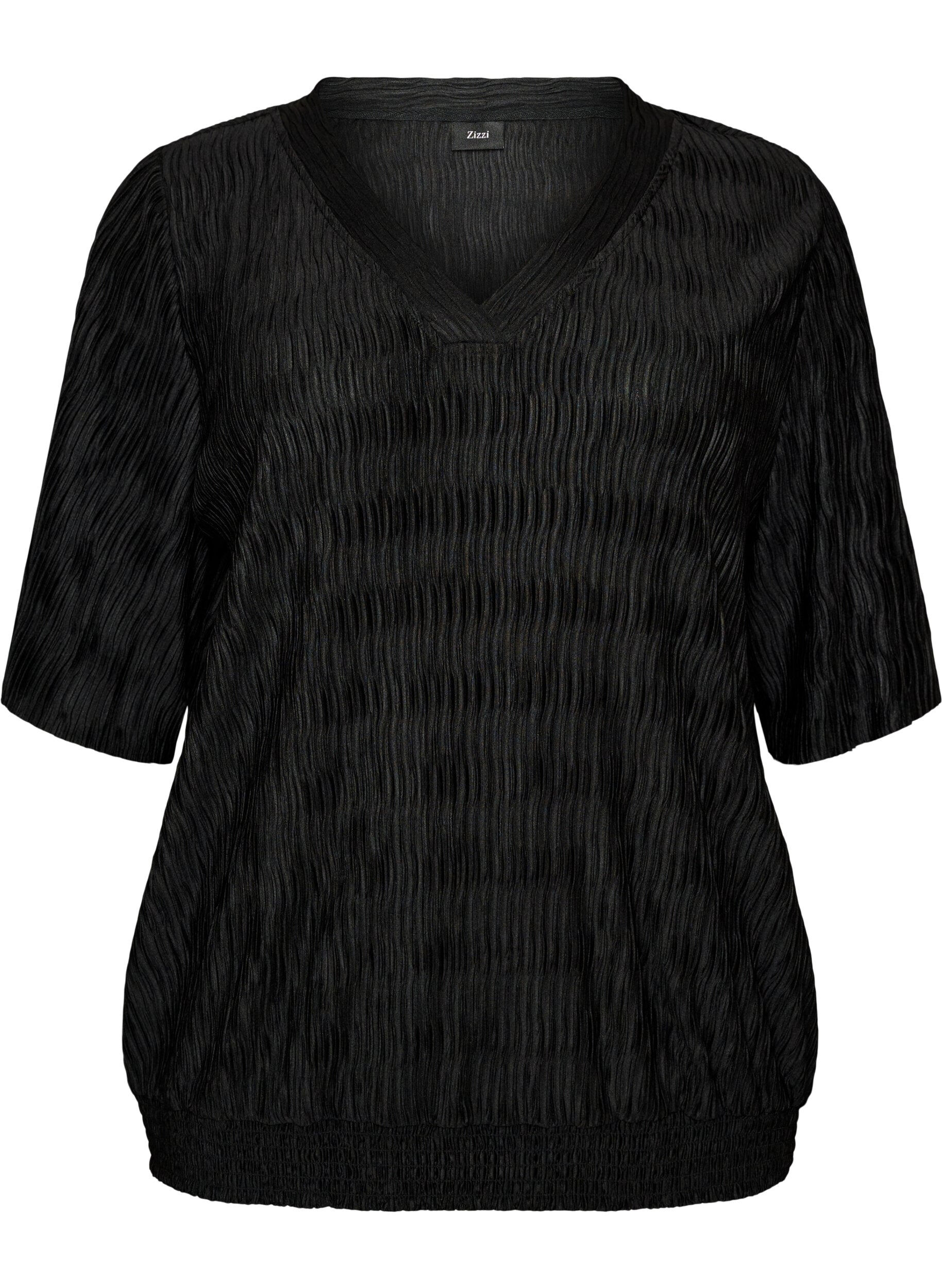 ZizzifashionBlouse with wavy texture and balloon shape, Black, Packshot image number 0