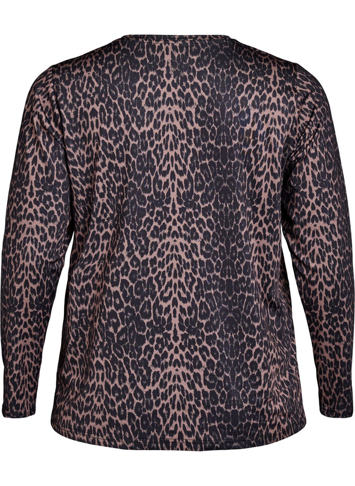 Long-sleeved workout top with leopard print, Brown, Packshot image number 1