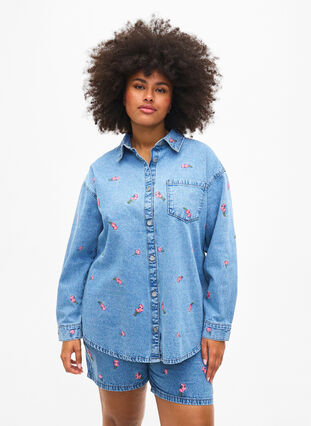 Denim shirt with embroidered flowers, L.B.D.Flower AOP, Model image number 0