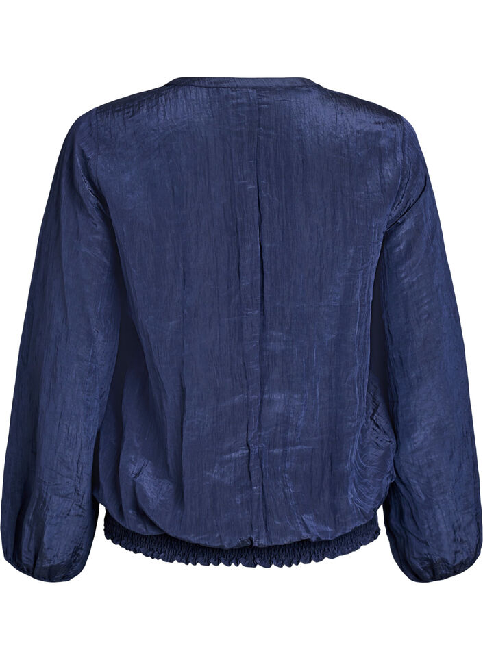 Blouse with V-neck and crinkled texture, Blue, Packshot image number 1