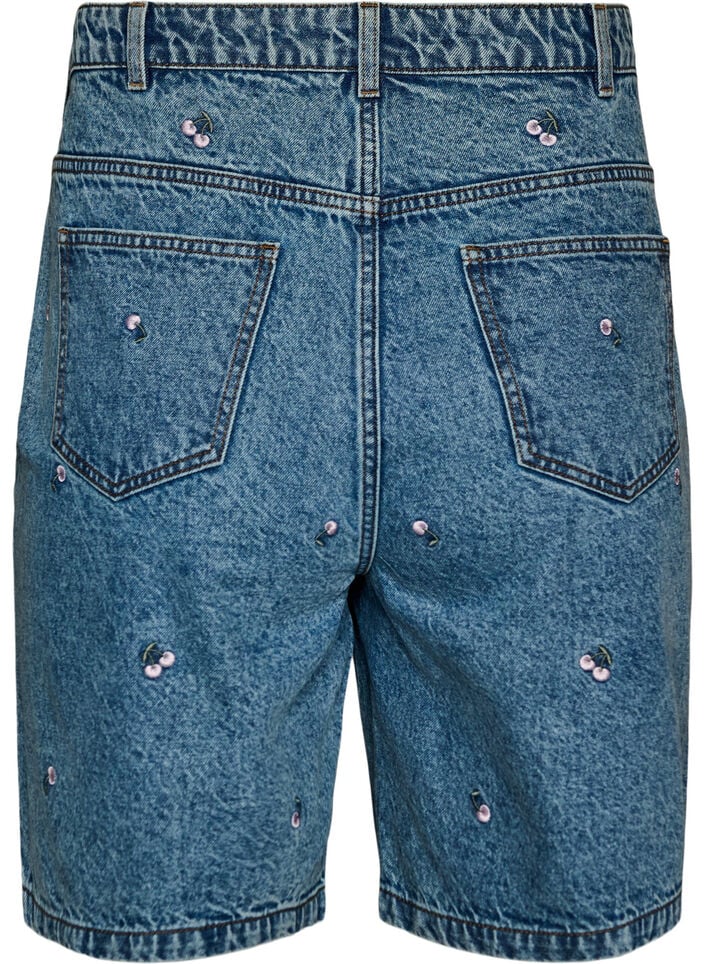 High-waisted denim shorts with embroidered motifs, Blue, Packshot image number 1