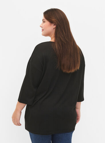 Blouse with 3/4 sleeves and lace detail, Black, Model image number 1