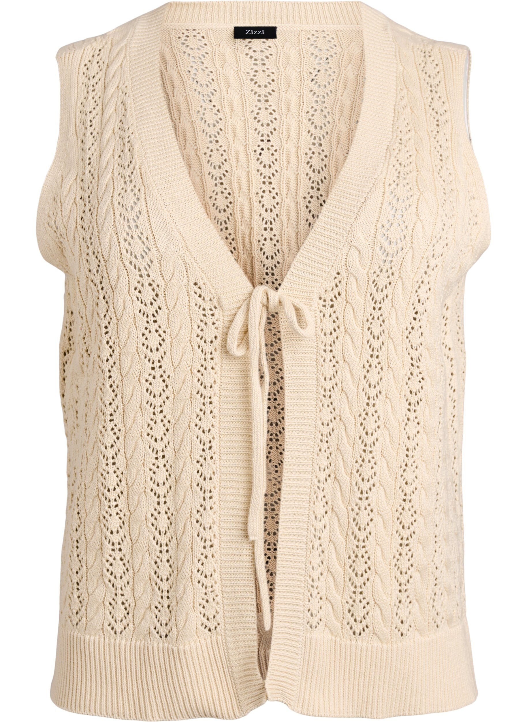 Zizzifashion Knitted vest with eyelet embroidery and tie fastening, Beige, Packshot image number 0