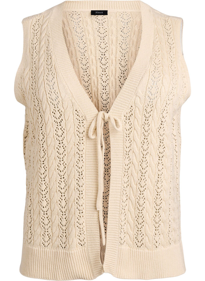 Knitted vest with eyelet embroidery and tie fastening, Beige, Packshot image number 0