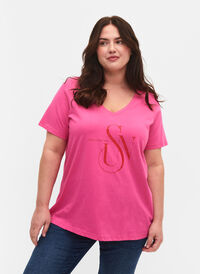 Cotton t-shirt with print, Shocking Pink SUN, Model