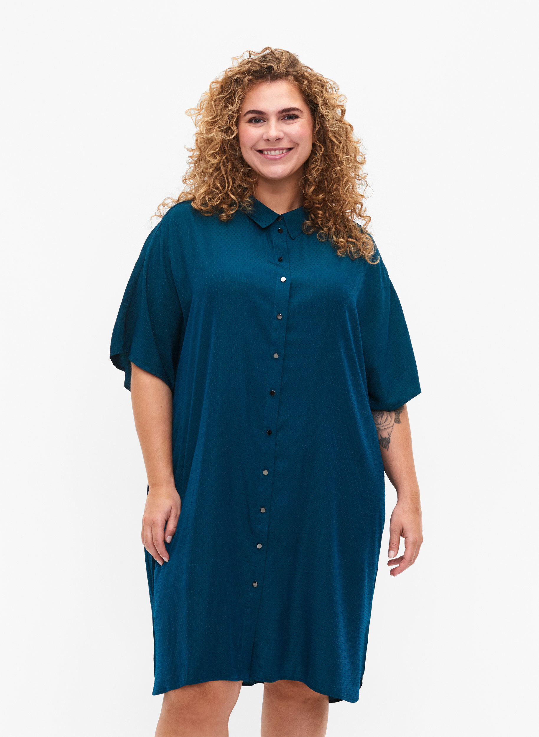 Zizzifashion Short-sleeved shirt dress with dotted structure, Deep Teal, Model image number 0