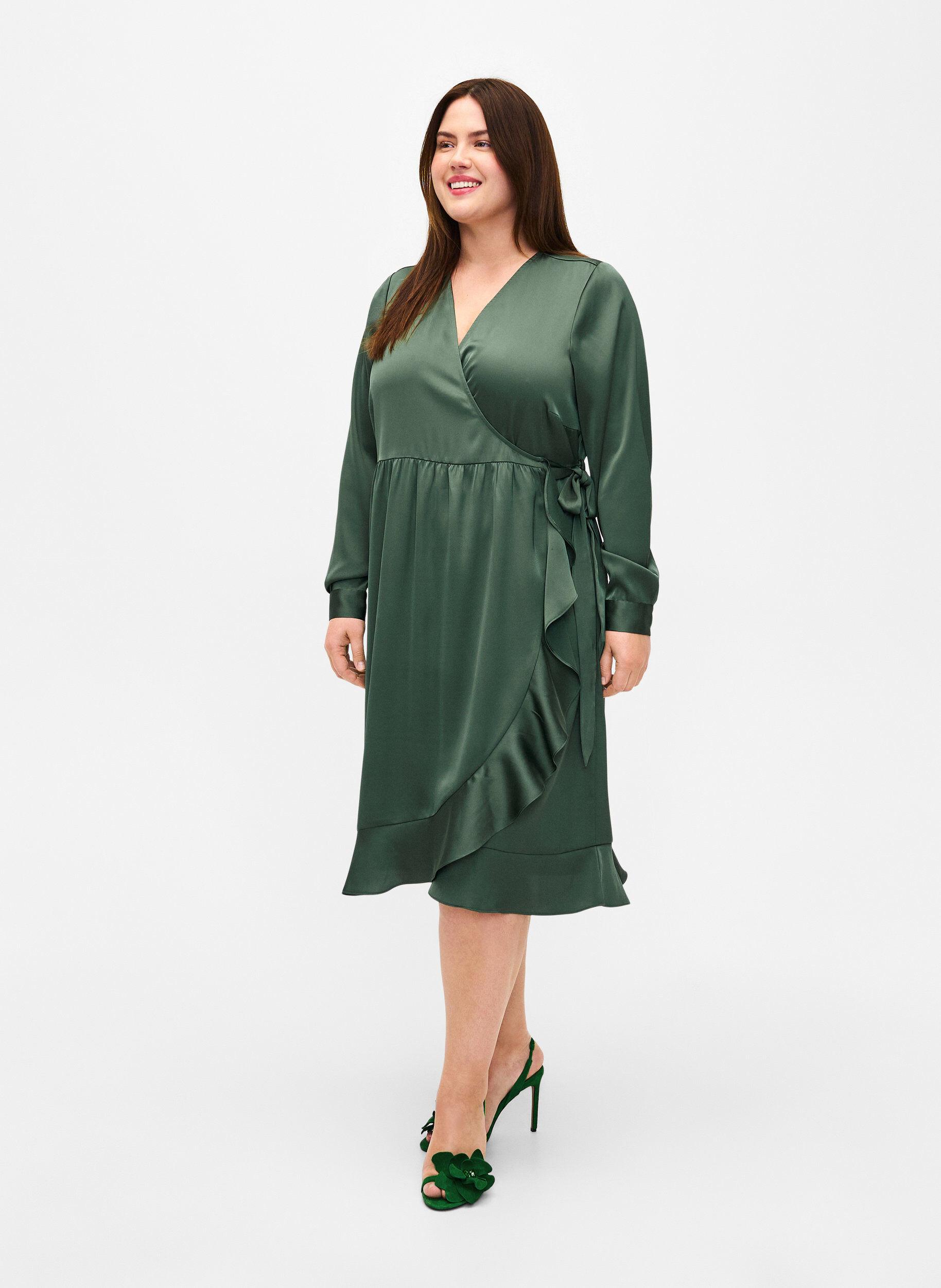 Zizzifashion Long sleeve satin wrap dress, Duck Green, Model image number 0