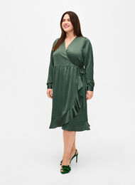 Long sleeve satin wrap dress, Duck Green, Model