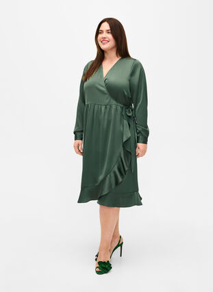 Long sleeve satin wrap dress, Duck Green, Model image number 0