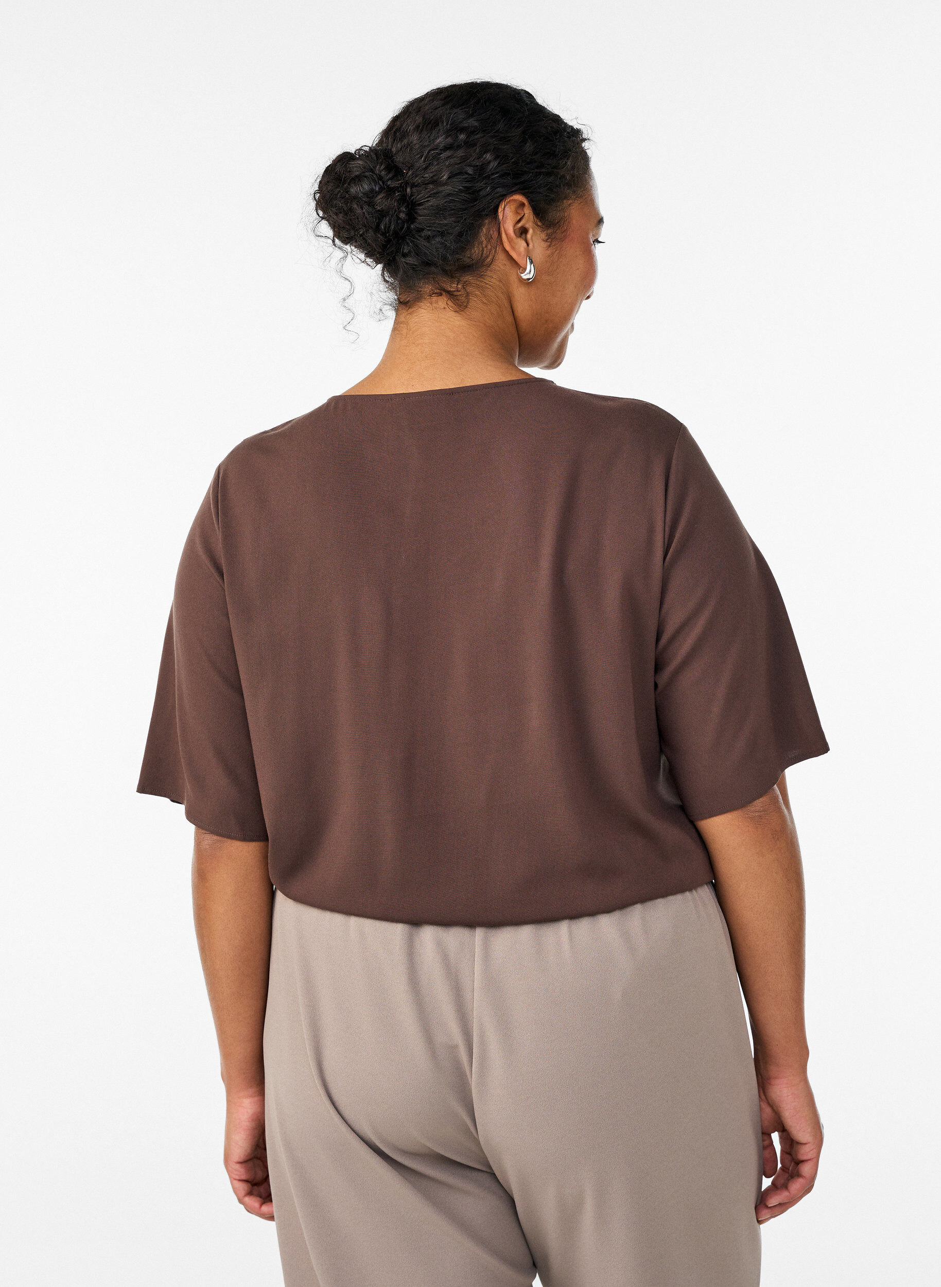 ZizzifashionShort-sleeved woven blouse with round neck, Brown, Model image number 2