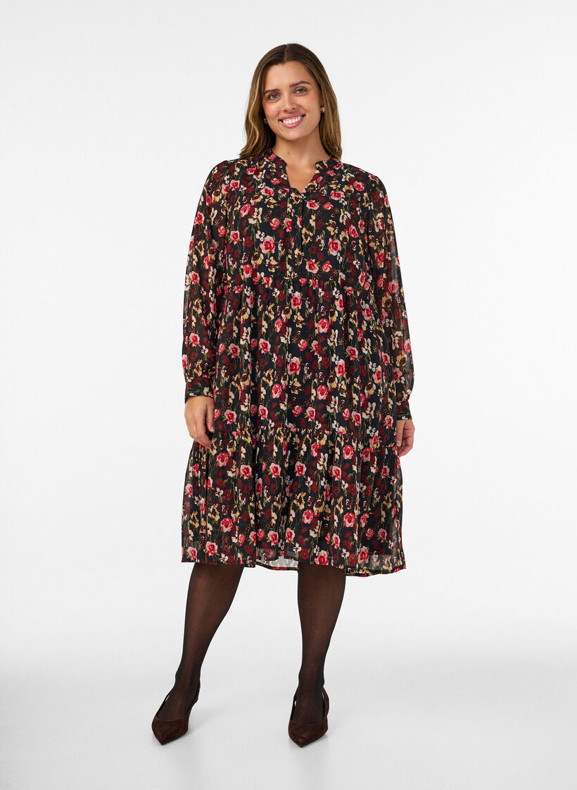 Dress with all-over print and a ruffle layer, Black, Model image number 0