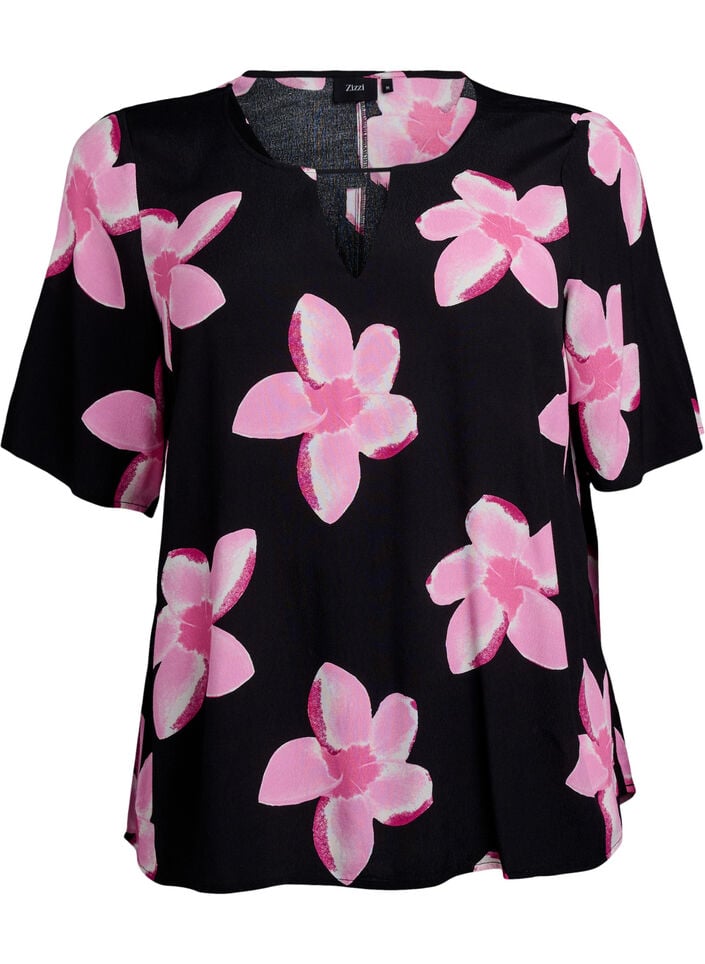 Short sleeve viscose Blouse with print, Black, Packshot image number 0