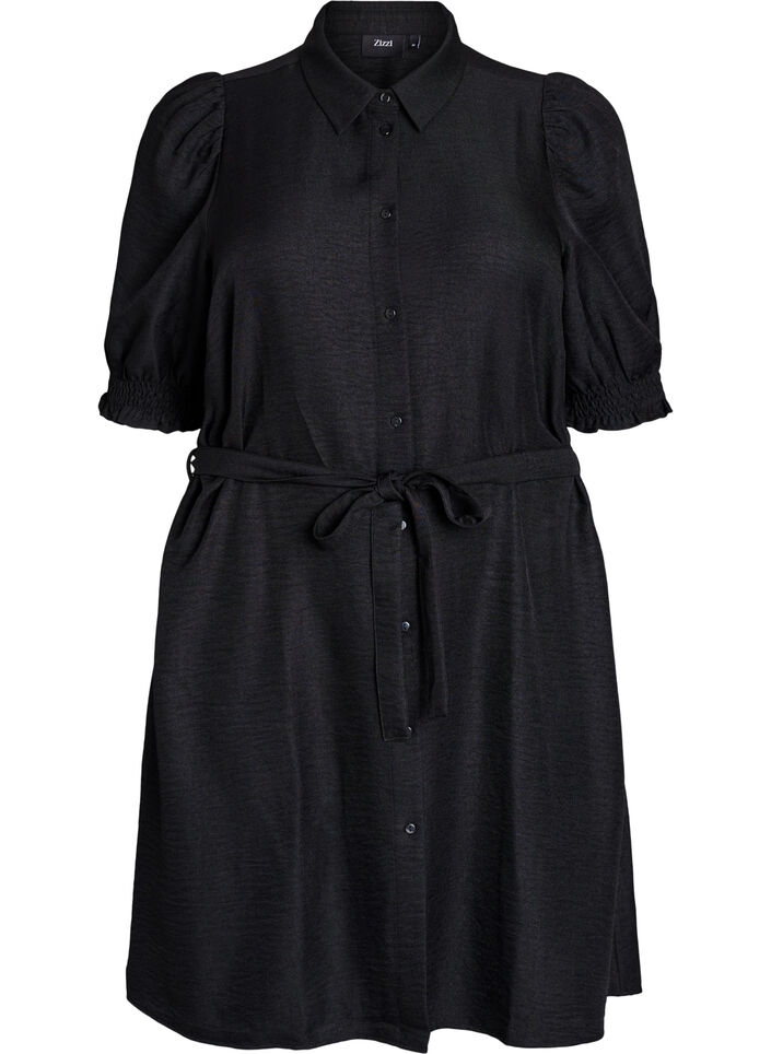 Knee-length shirt dress with tie belt, Black, Packshot image number 0