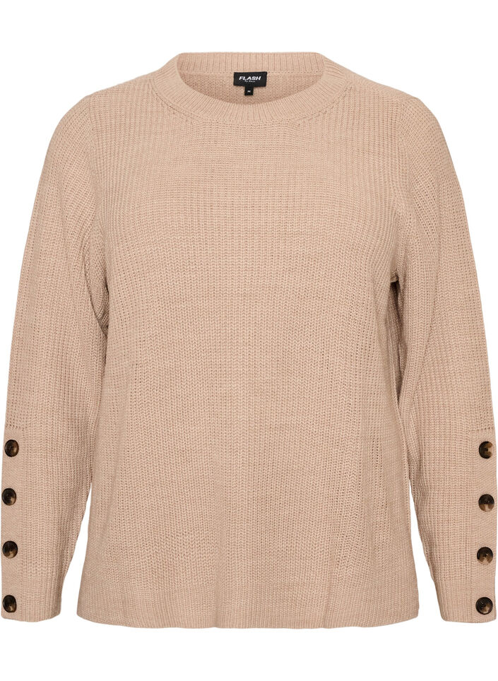 Knitted blouse with ribbed texture and button details, Beige, Packshot image number 0