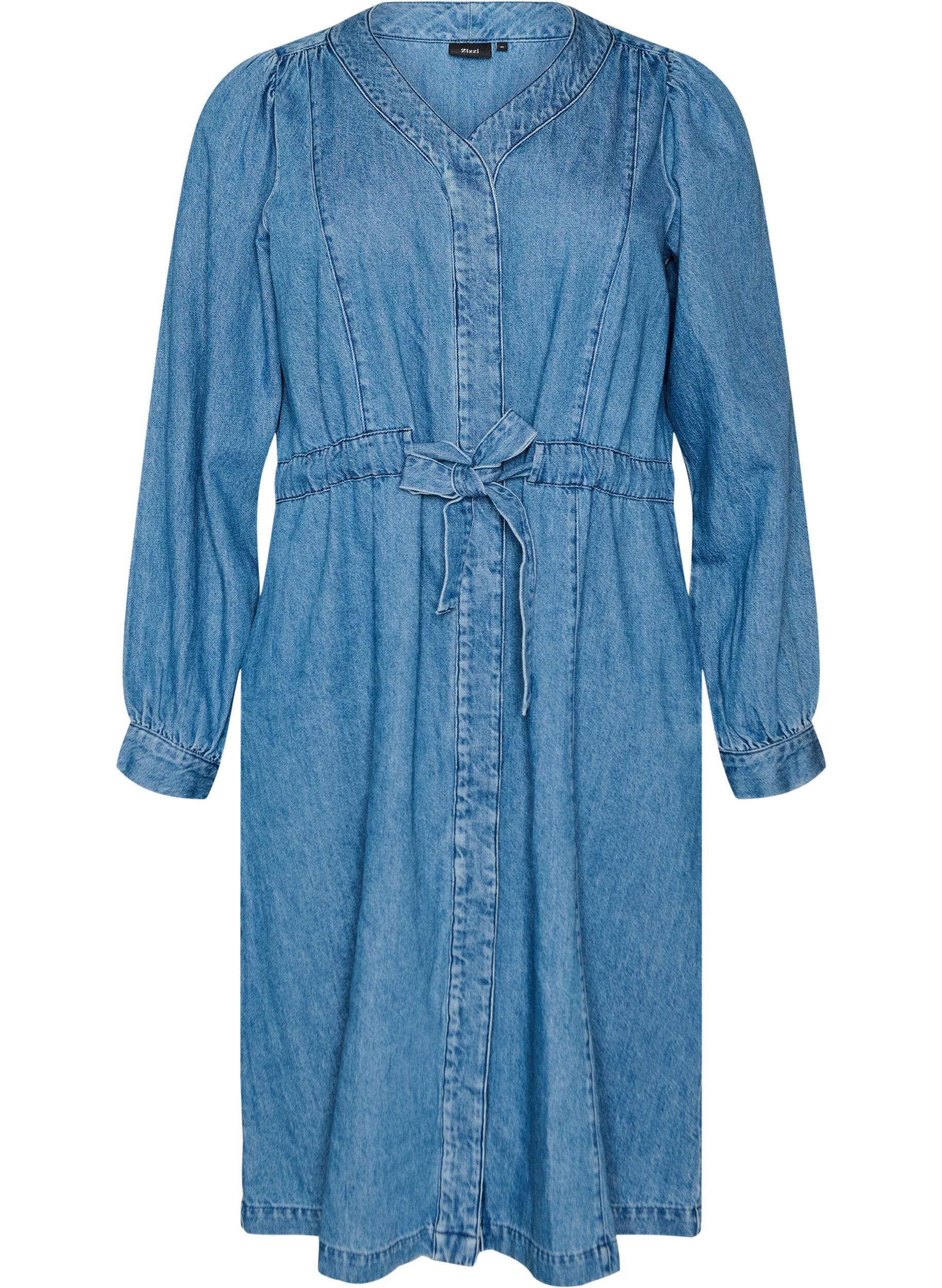 ZizzifashionDenim dress with V-neck and tie-belt, Light Blue, Packshot image number 0