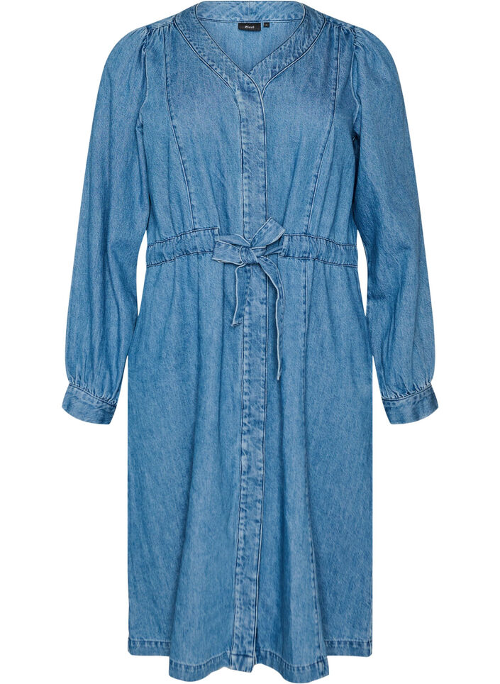 Denim dress with V-neck and tie-belt, Light Blue, Packshot image number 0