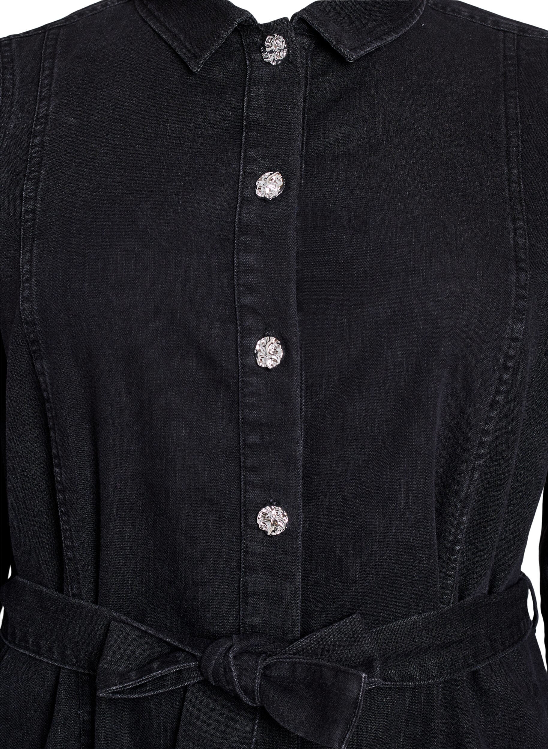 Zizzifashion Denim midi dress with a belt and decorative buttons, Black, Packshot image number 2
