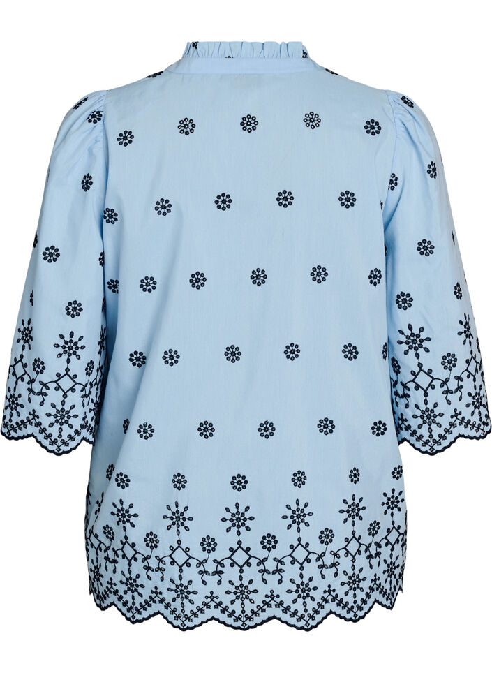Blouse with 3/4 sleeves and embroidered pattern, Blue, Packshot image number 1