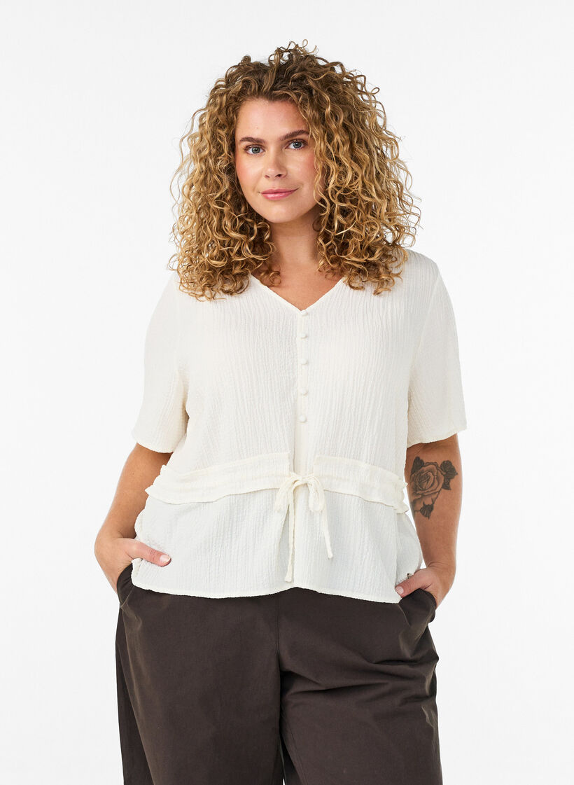 Blouse with texture and a tie-waist, Vanilla, Model image number 0