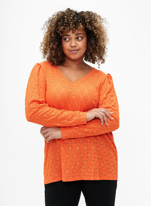 V-neck blouse with hole pattern, Carrot, Model image number 0