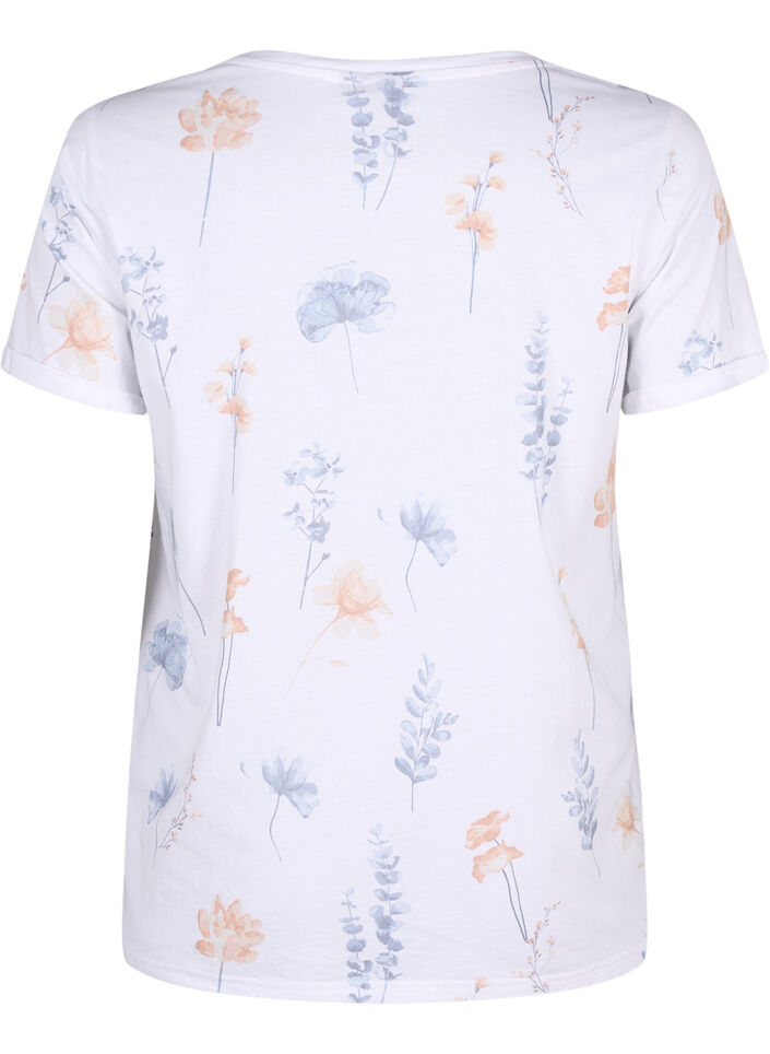 Organic cotton T-shirt with floral print, White W. Blue flower, Packshot image number 1