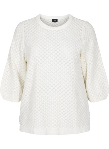 Patterned knitted jumper in organic cotton with 3/4 sleeves, Cloud Dancer, Packshot image number 0