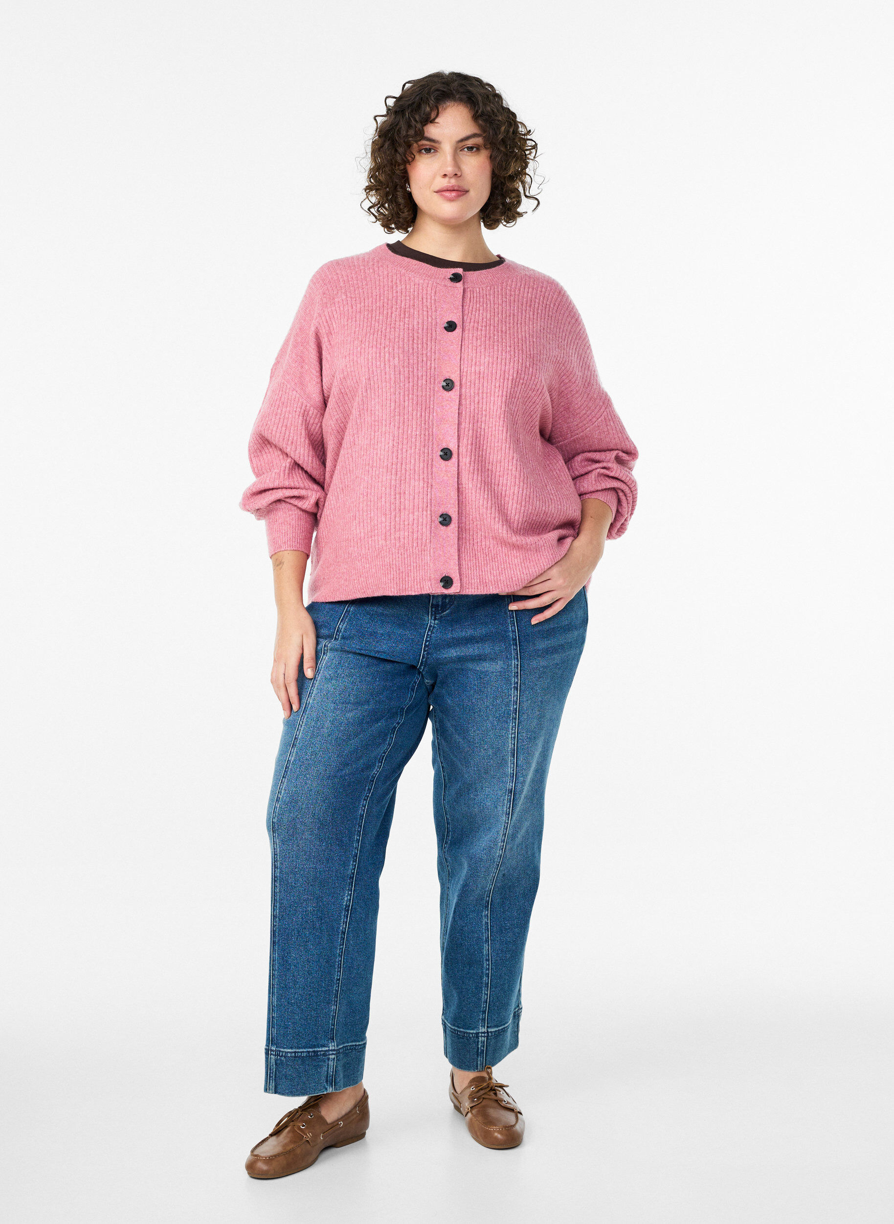 Zizzifashion Ribbed cardigan with buttons, Rose, Model image number 1