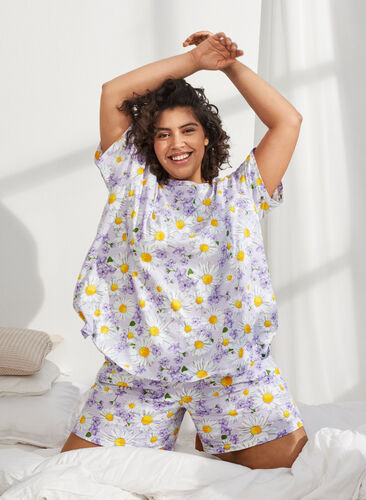 Loose pyjama shorts with print, Lavender Blue AOP, Image image number 0
