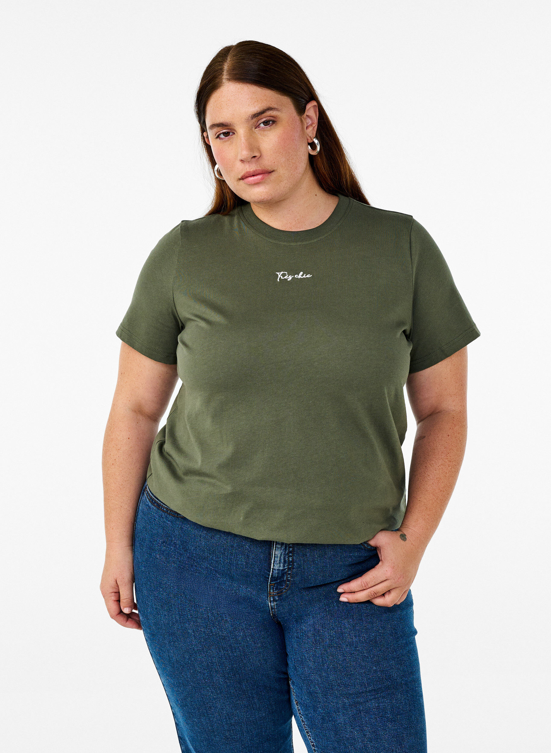 Cotton T-shirt with embroidery detail, Green, Model