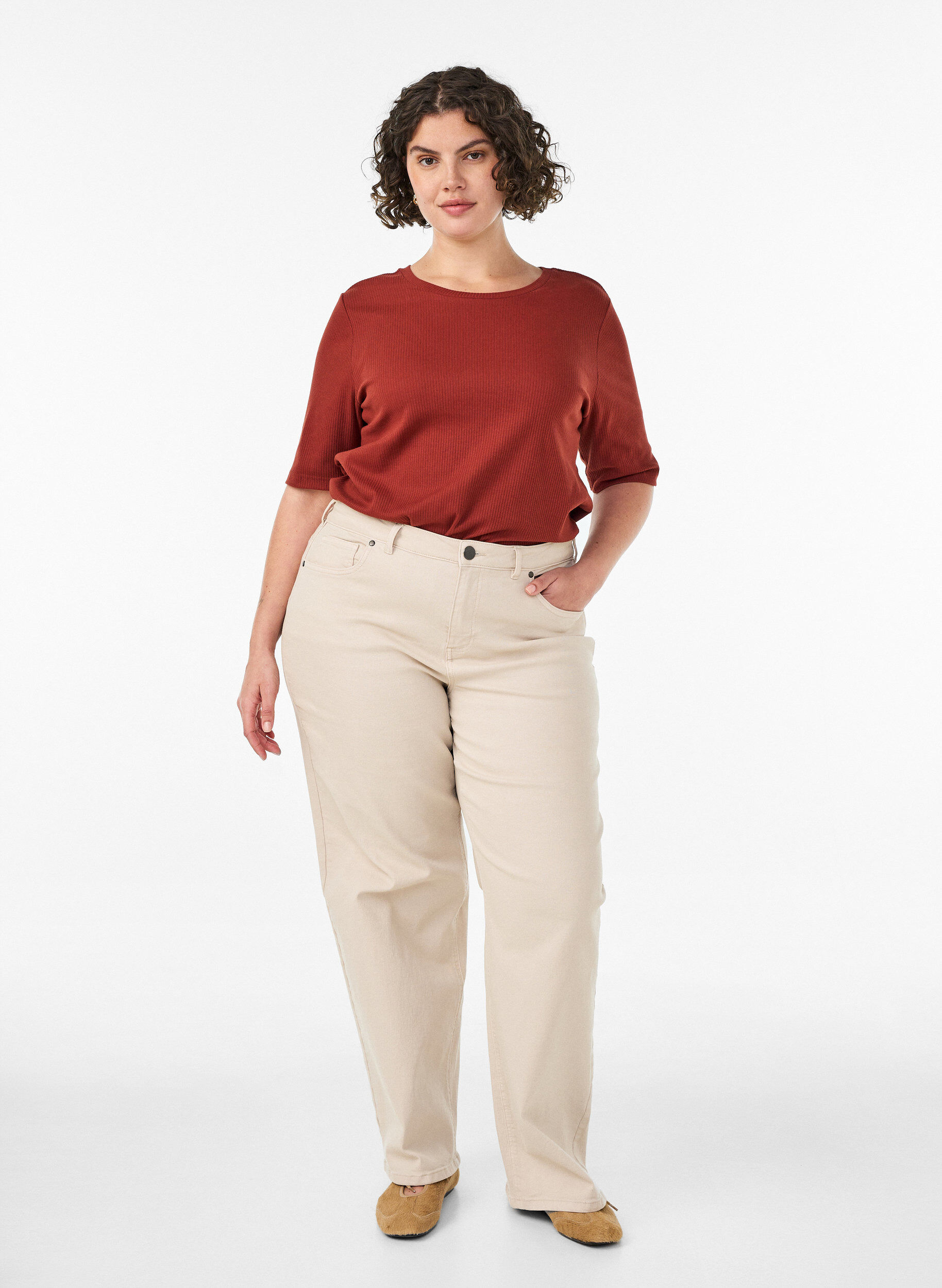 ZizzifashionRibbed jersey blouse with short sleeves, Red, Model image number 1