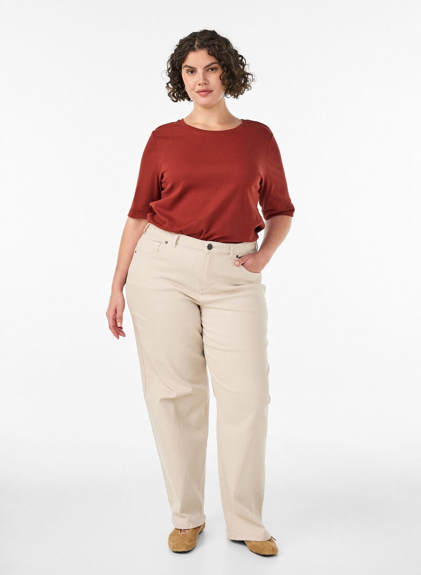 Ribbed jersey blouse with short sleeves, Red, Model image number 1