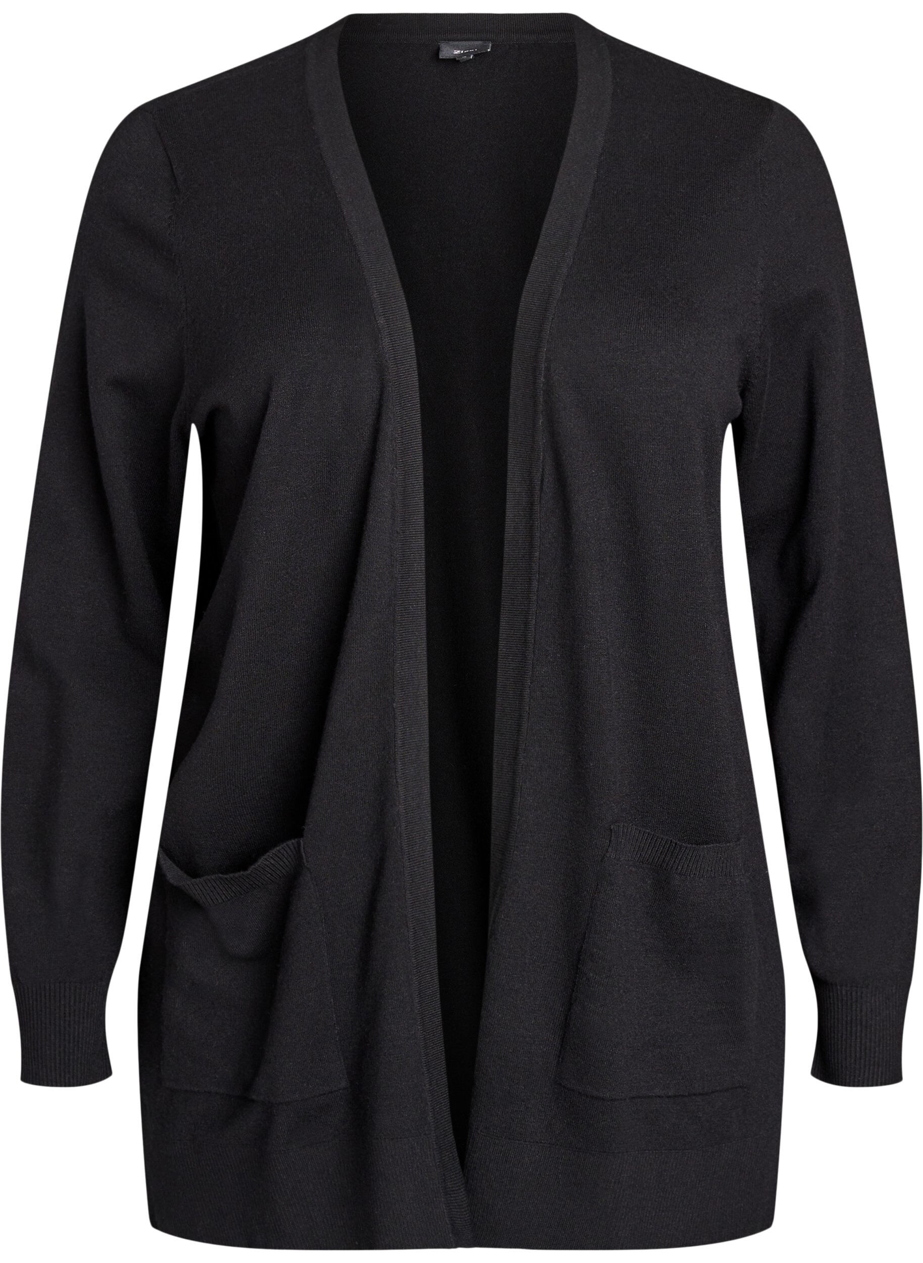 Long open-front knit cardigan with pockets