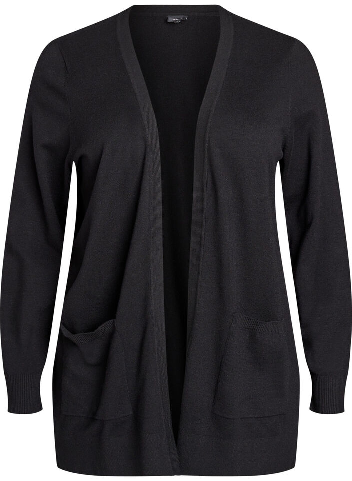 Long open-front knit cardigan with pockets, Black, Packshot image number 0