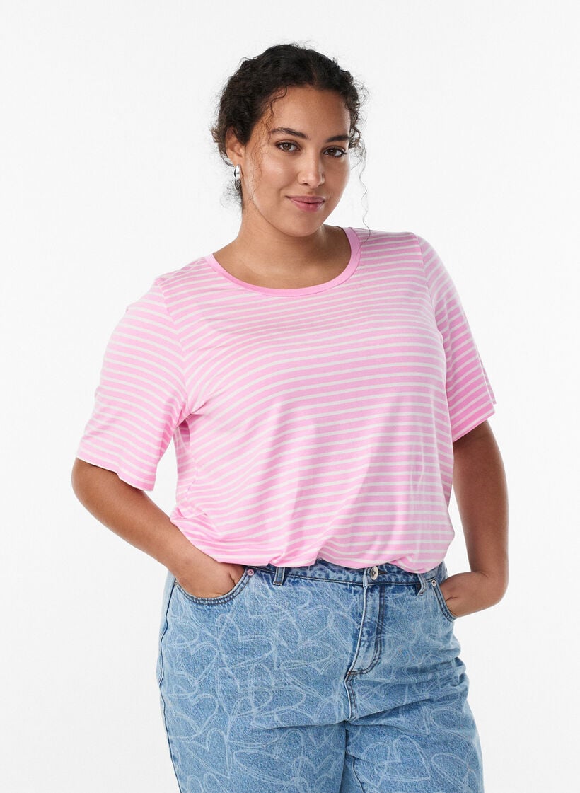 T-shirt with TENCEL&trade; Lyocell and stripes, Pink, Model image number 0