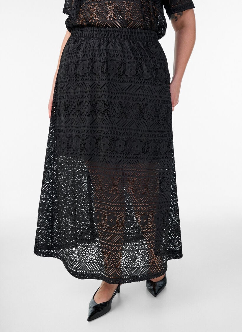 Long eyelet skirt with an elasticated waistband, Black, Model image number 2