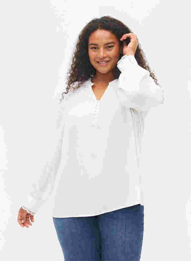 Long-sleeved blouse with v-neck, Bright White, Model