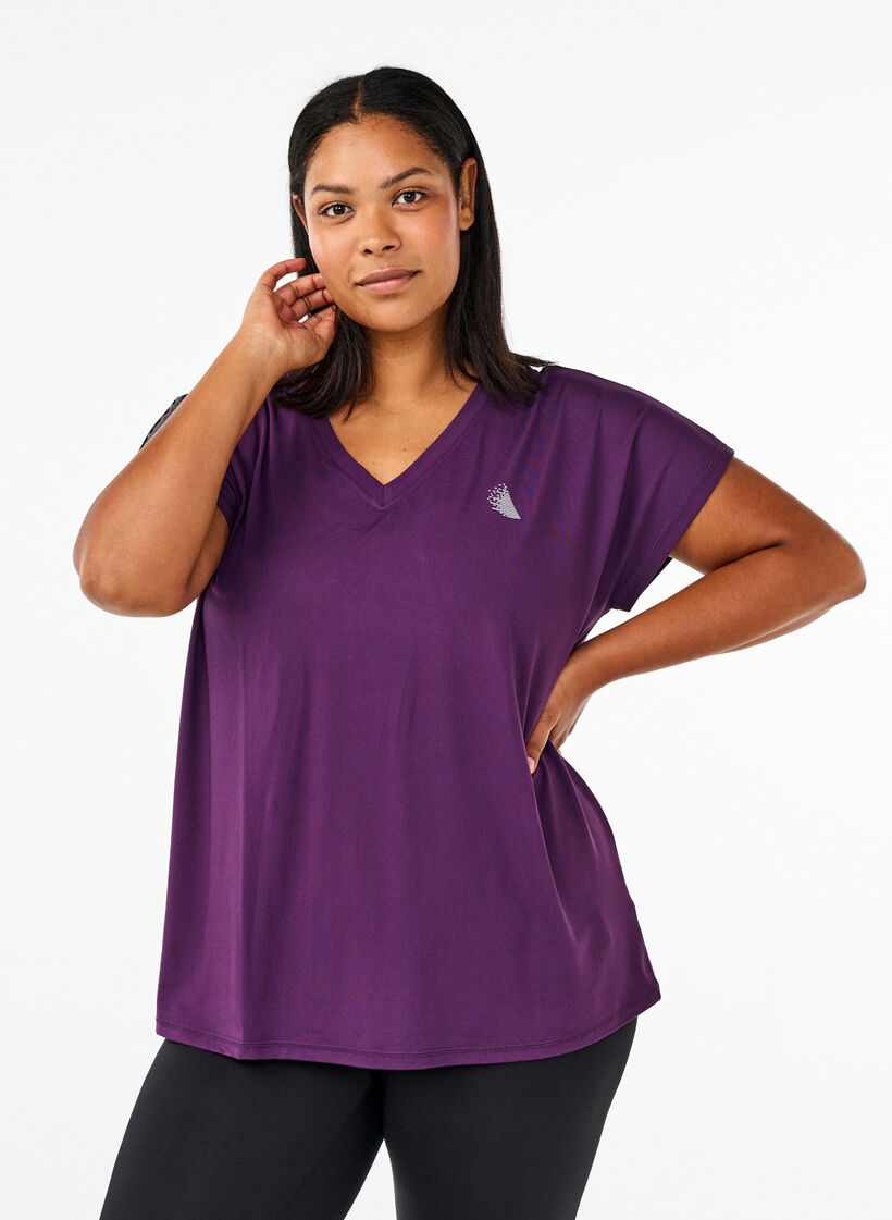 Loose training t-shirt with v-neck, Purple, Model image number 0