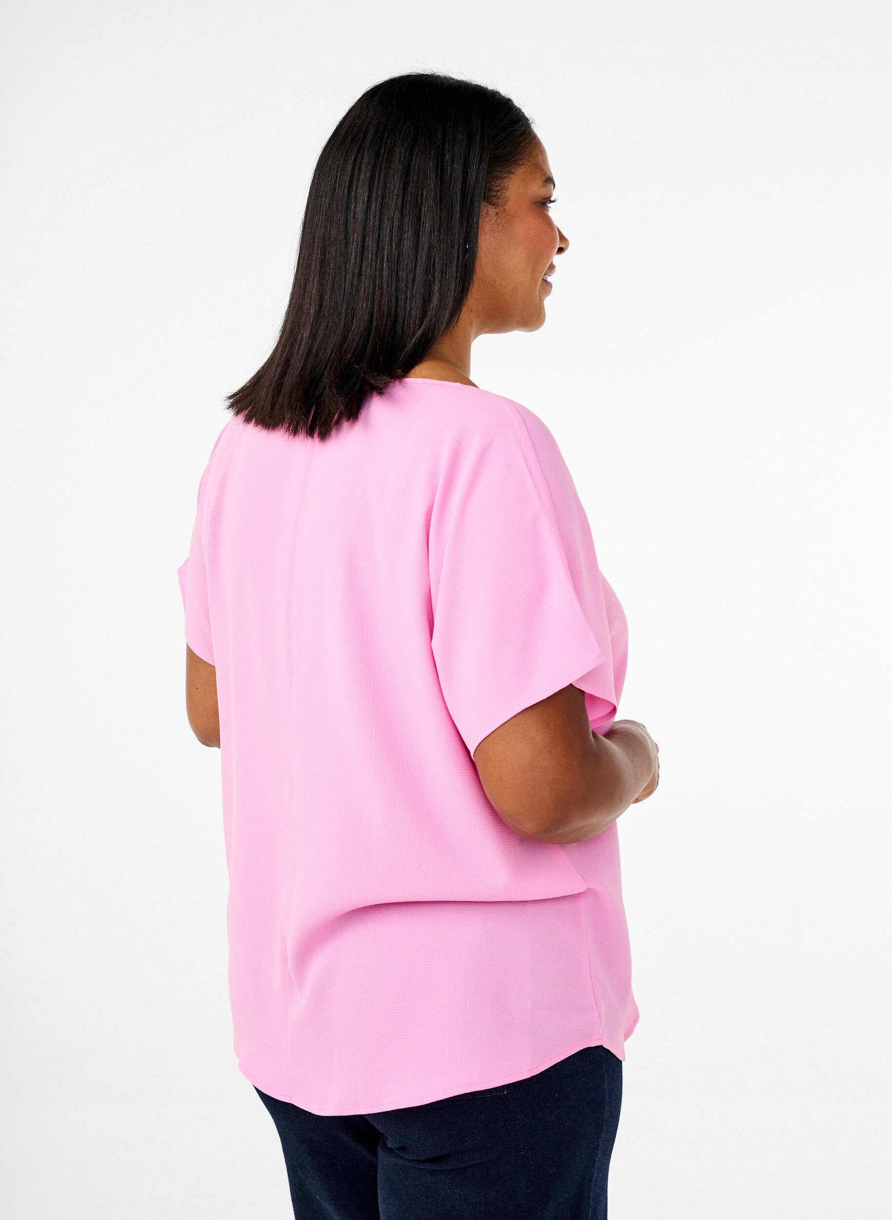 Zizzifashion Blouse with short sleeves and a round neckline, Pink, Model image number 2