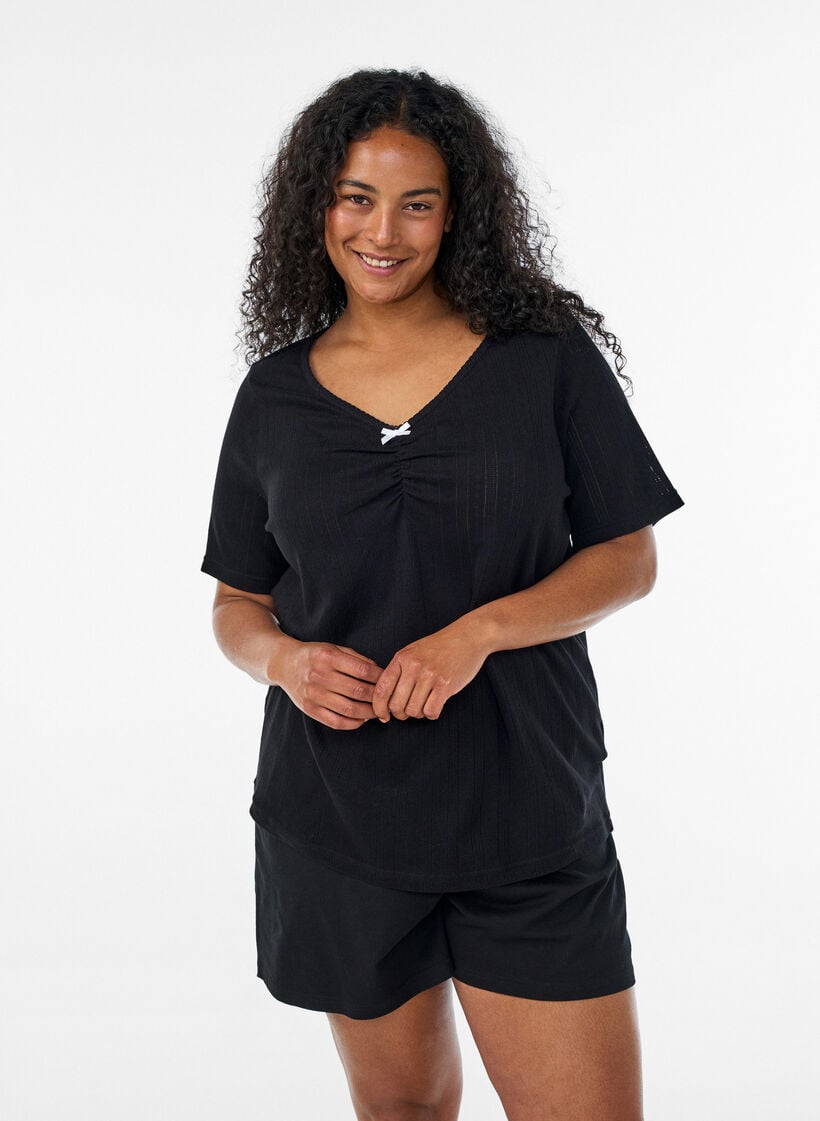 Night top in organic cotton with eyelet embroidery, Black, Model image number 0