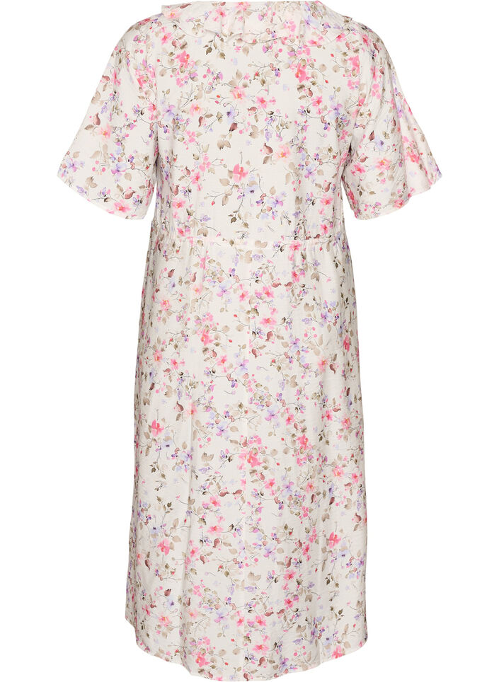 Viscose midi dress with a floral print and ruffle collar, Vanilla, Packshot image number 1