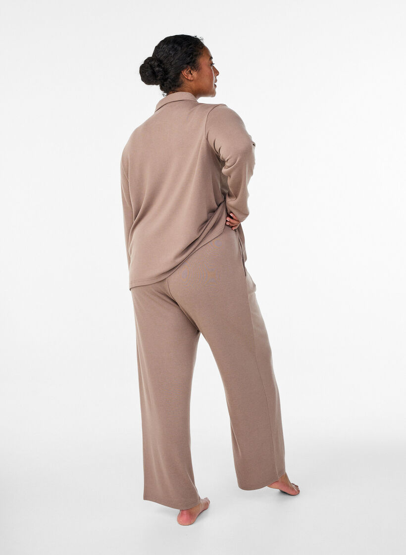 High-waisted straight fit jersey trousers, Brown, Model image number 1