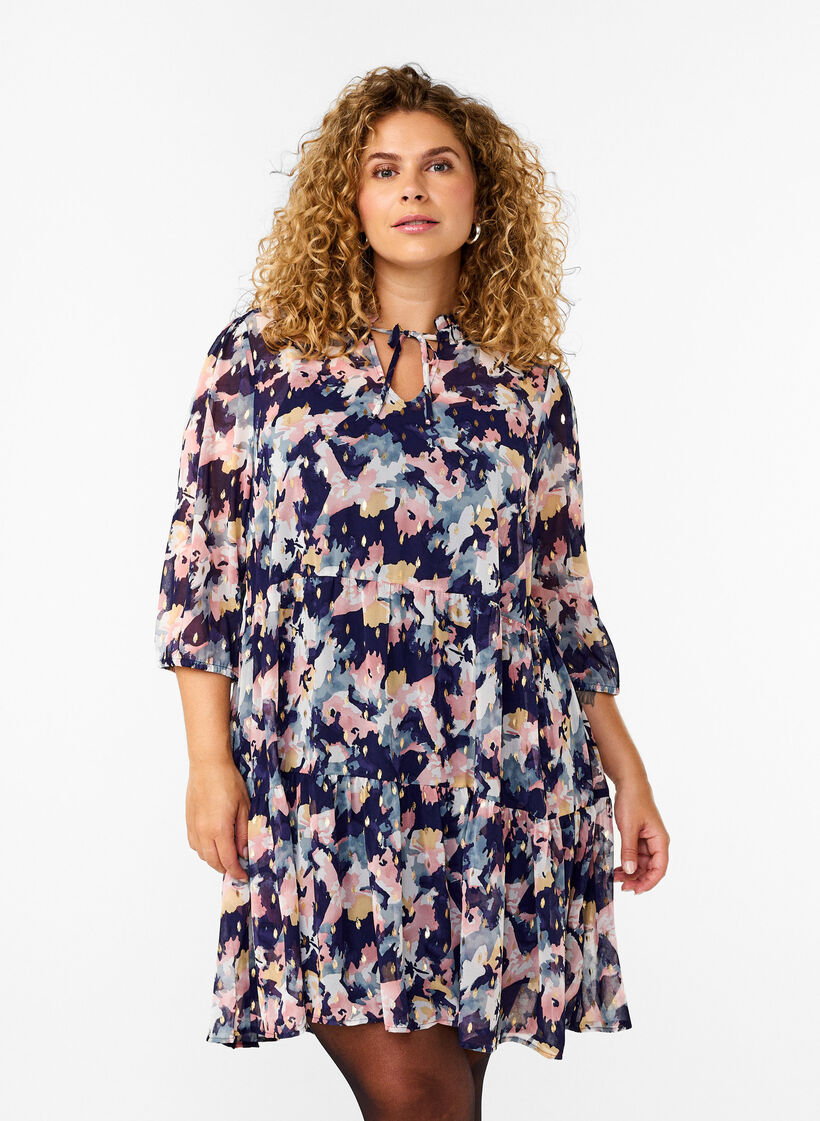 Tunic with floral print and lurex, Night Sky AOP Flower, Model image number 0