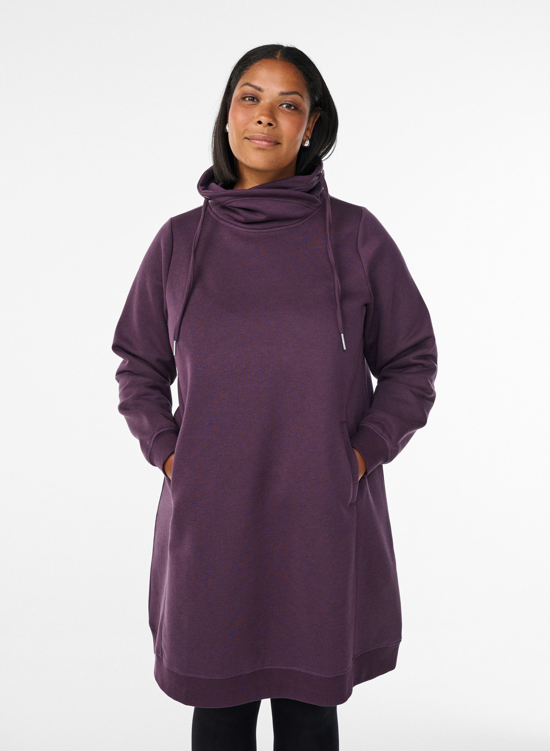 Short sweatshirt dress with high collar and pockets, Purple, Model