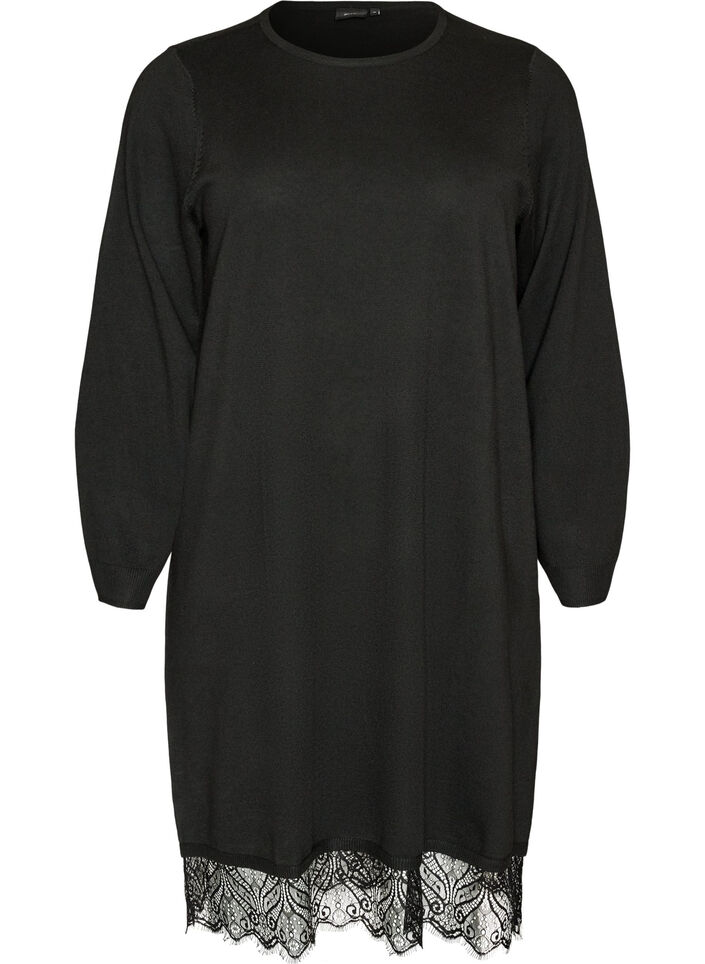 Short knitted dress with lace hem, Black, Packshot image number 0