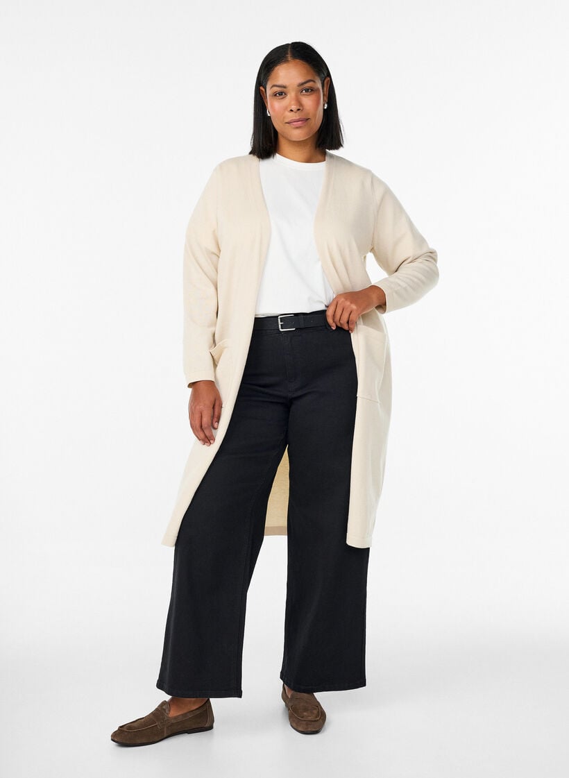 Long, open cardigan with pockets, Beige, Model image number 0