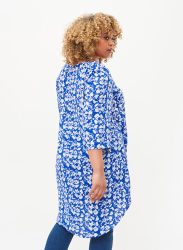 Printed dress with 3/4 sleeves, Blue White Flower, Model image number 1