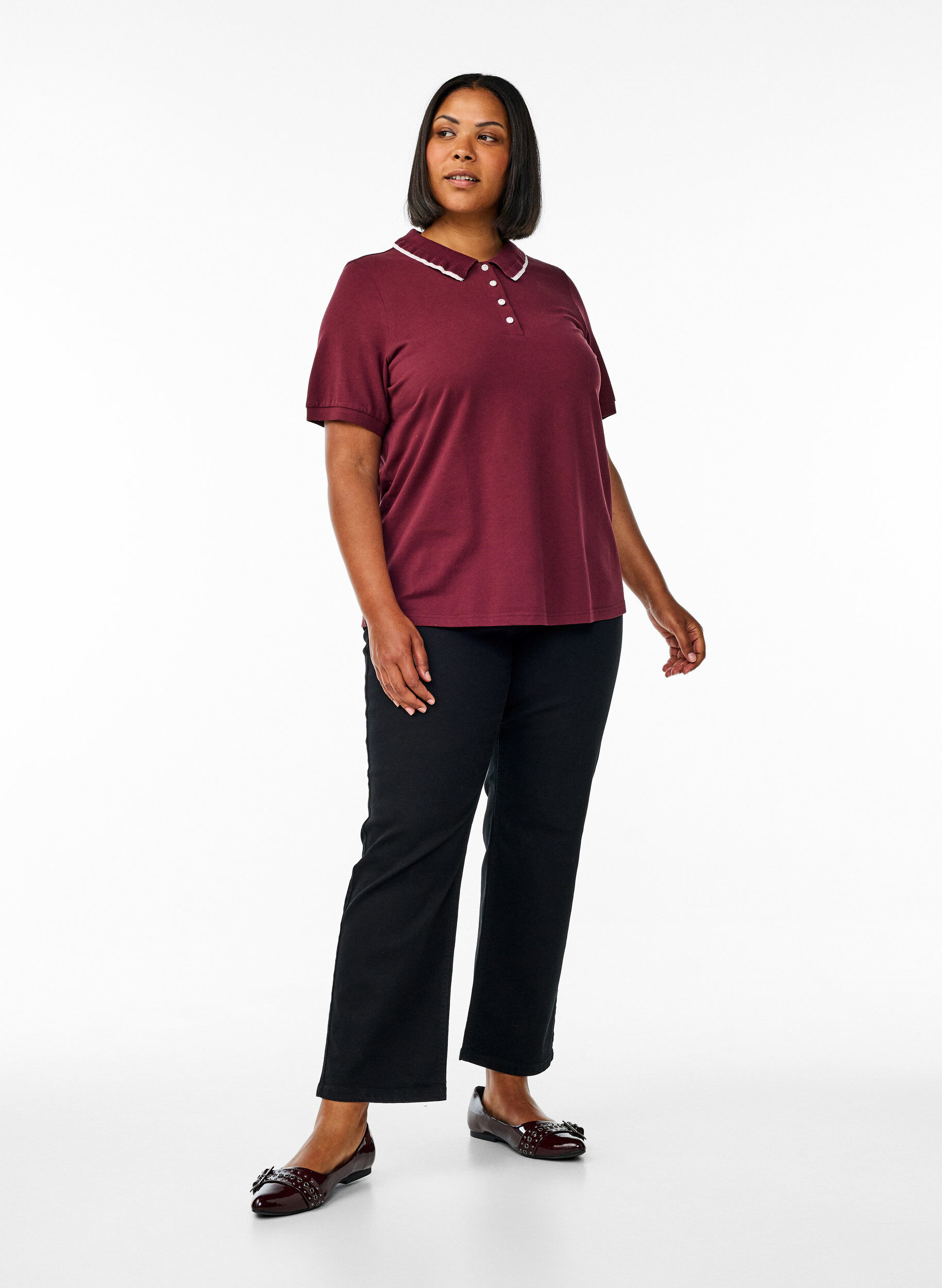 Zizzifashion Polo shirt with rhinestone buttons and ruffle detail, Red, Model image number 1