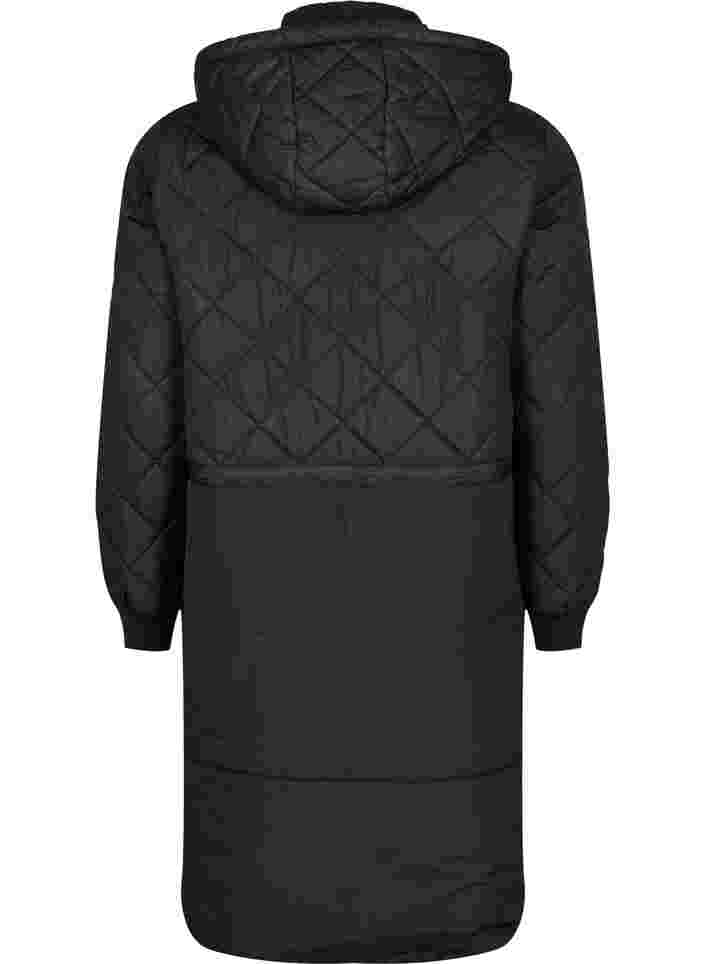 Quilted jacket with hood and adjustable waist, Black, Packshot image number 1